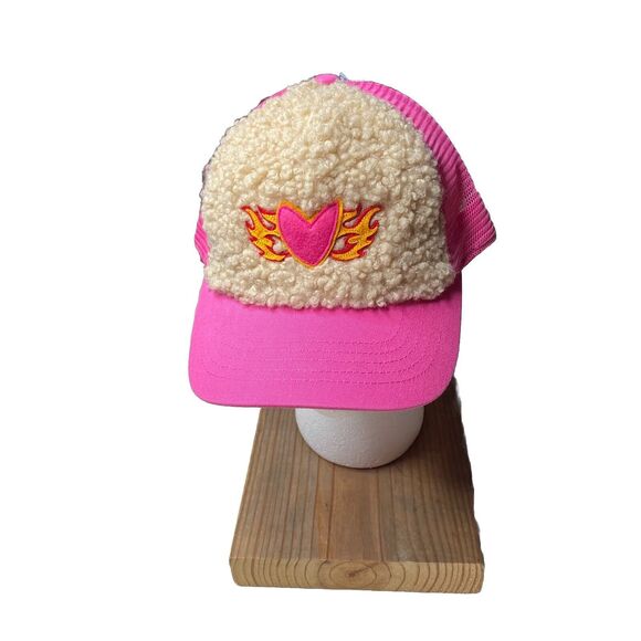 Wild Fable Hat Cap Adjustable Strap Back Pink Fleece Heart with Flames Y2K New - Picture 1 of 6